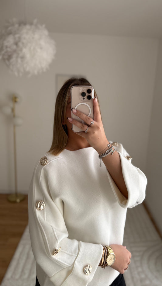 Pull blanc manche bouton