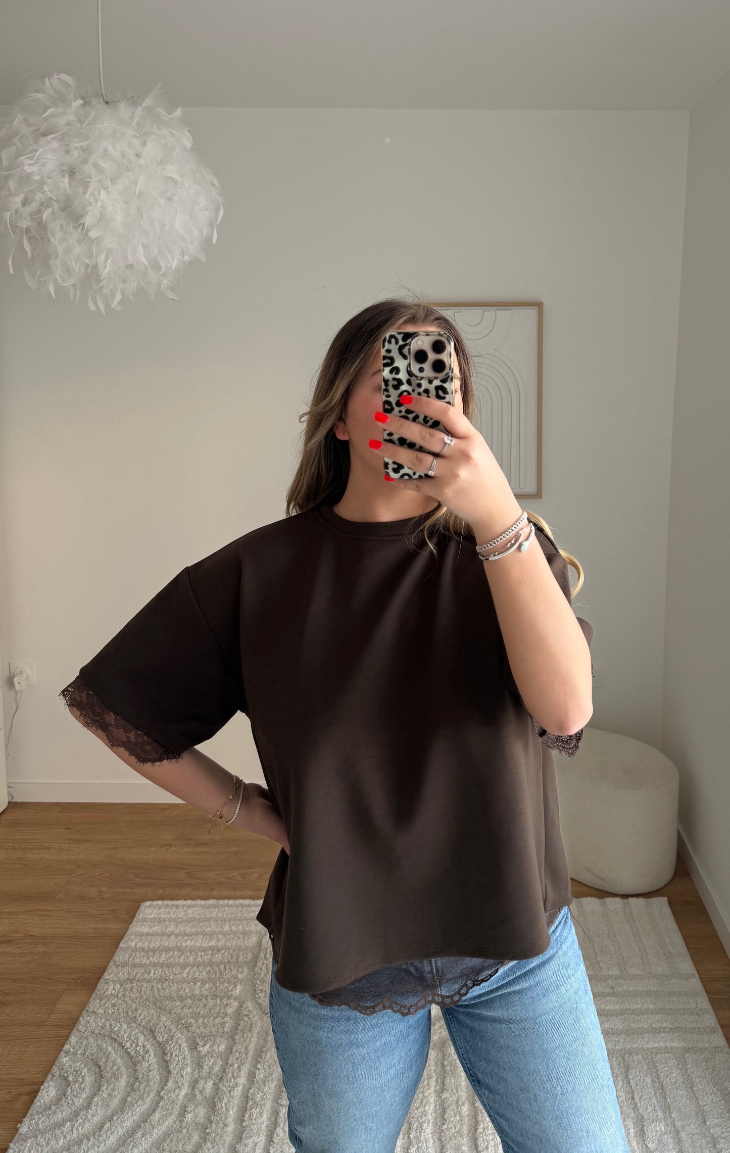 T-shirt dentelle marron